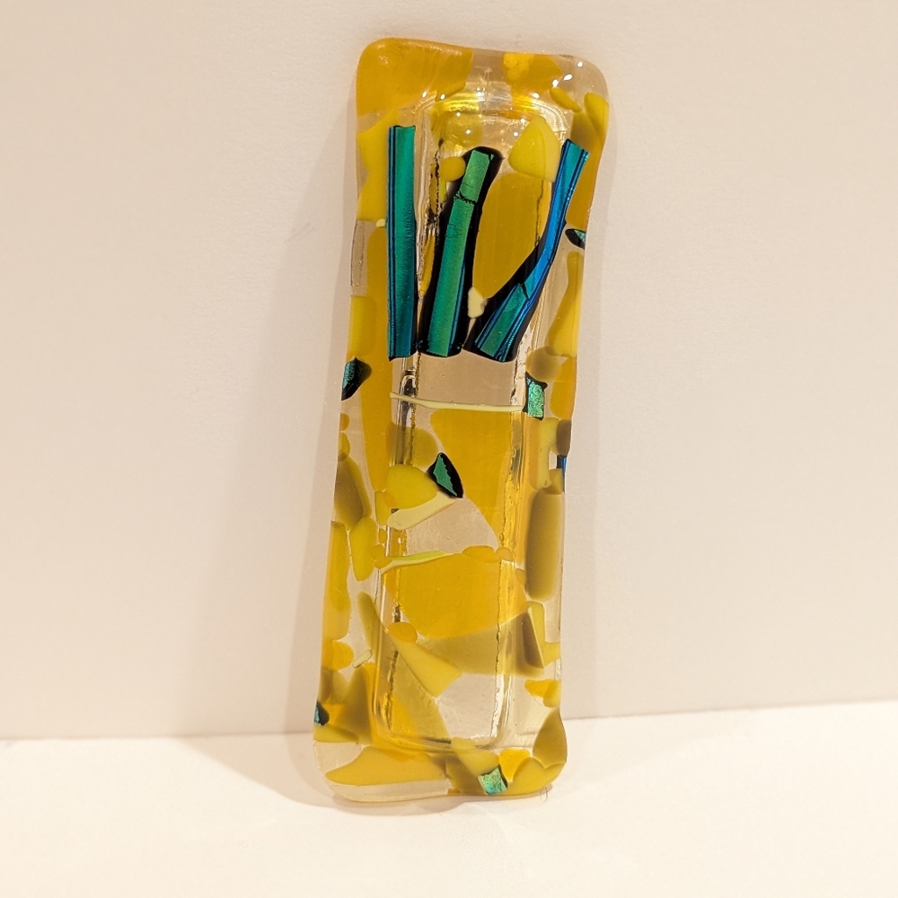 Hand crafted fused glass gold Mezuzah case With opalescent dichroic glass accent